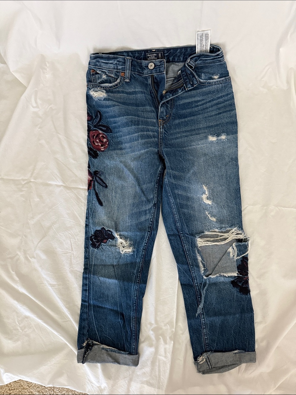 Abercrombie & Fitch Dark Blue Embroidered Distressed Boyfriend Jeans